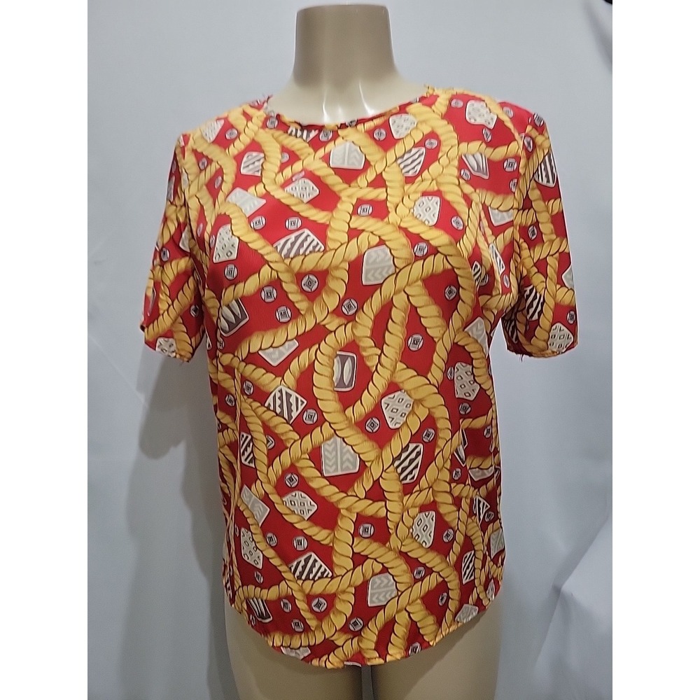VTG 60s Bobbie Brooks Red Gold Rope Chain Print Blouse Women's Sz 12 USA Made